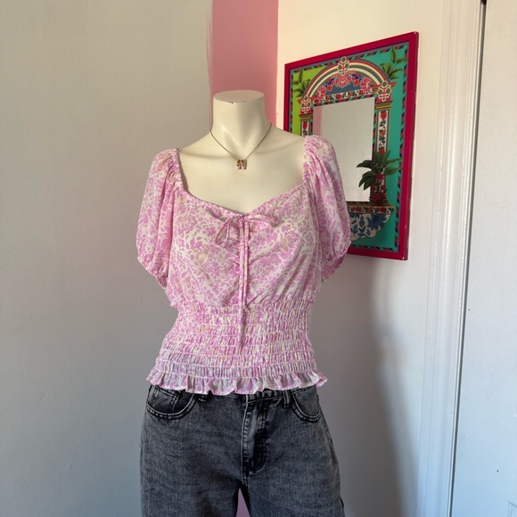 Sienna Sky Tops - Sienna Sky Pink And White Floral Smocked Tie Detail Short Sleeve Top